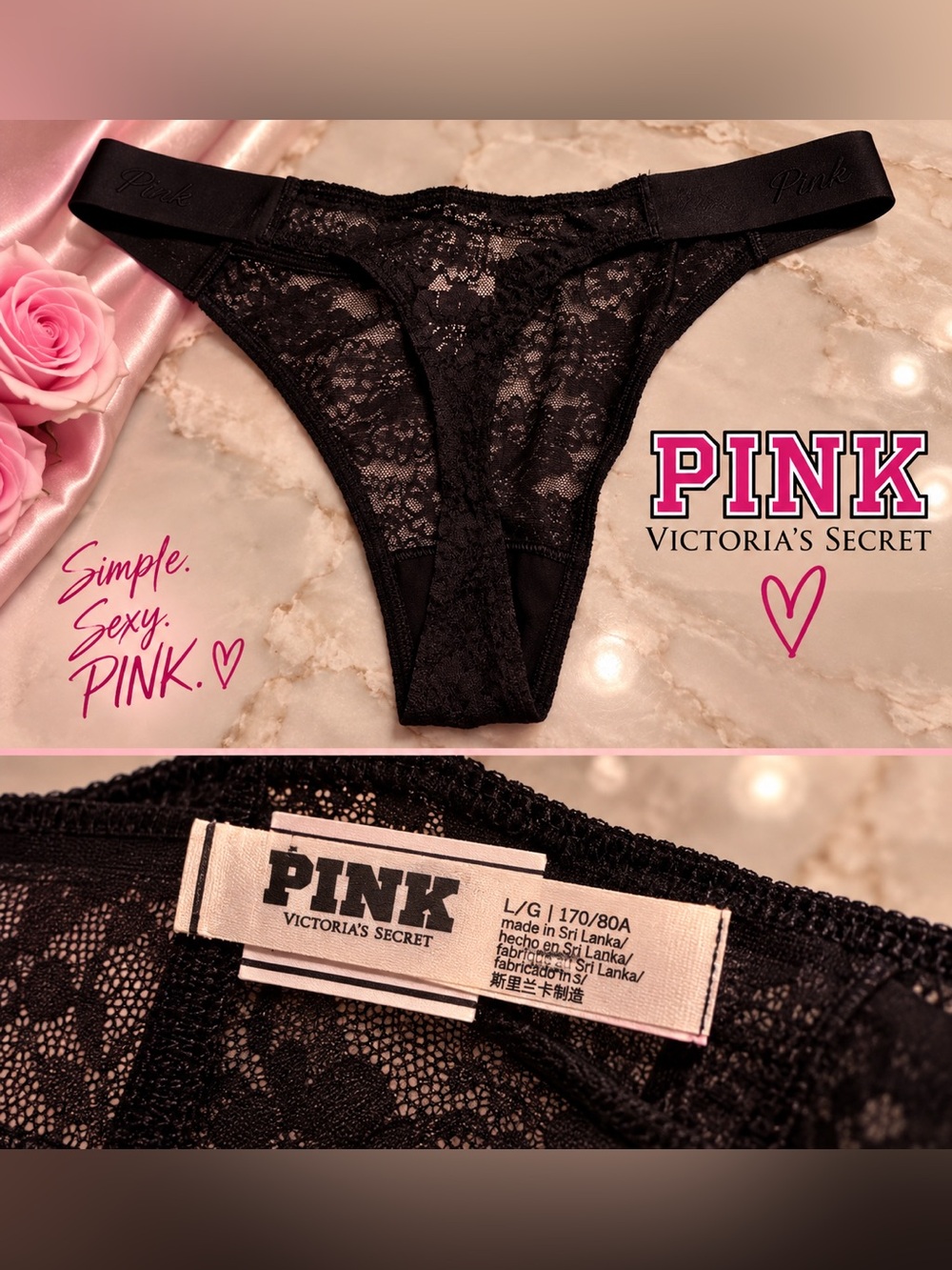 PINK Victoria's Secret Black Lace Thong SIZE LARGE